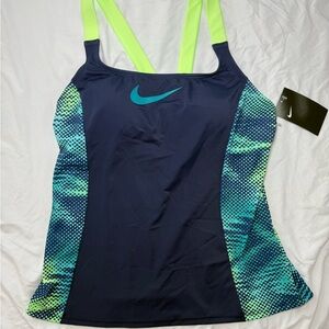 Nike Blue & teal Patterned swim top with Neon Green Straps
